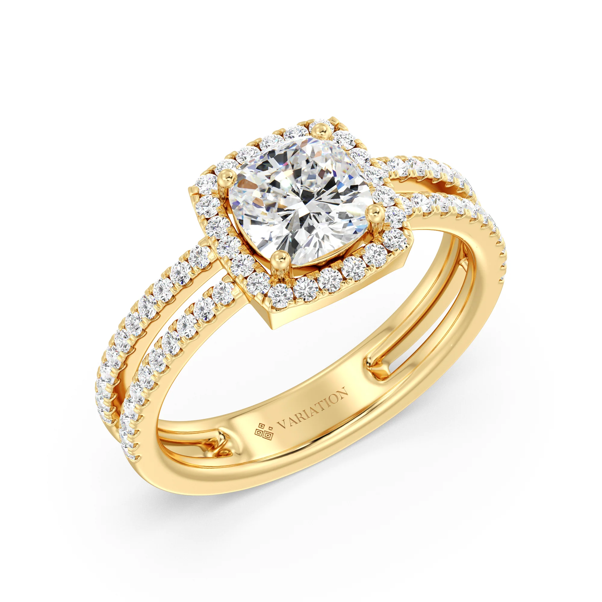 1 Carat Cushion Cut Lab Grown Diamond Halo Engagement Ring with Double Band in 18K Gold - Image 5