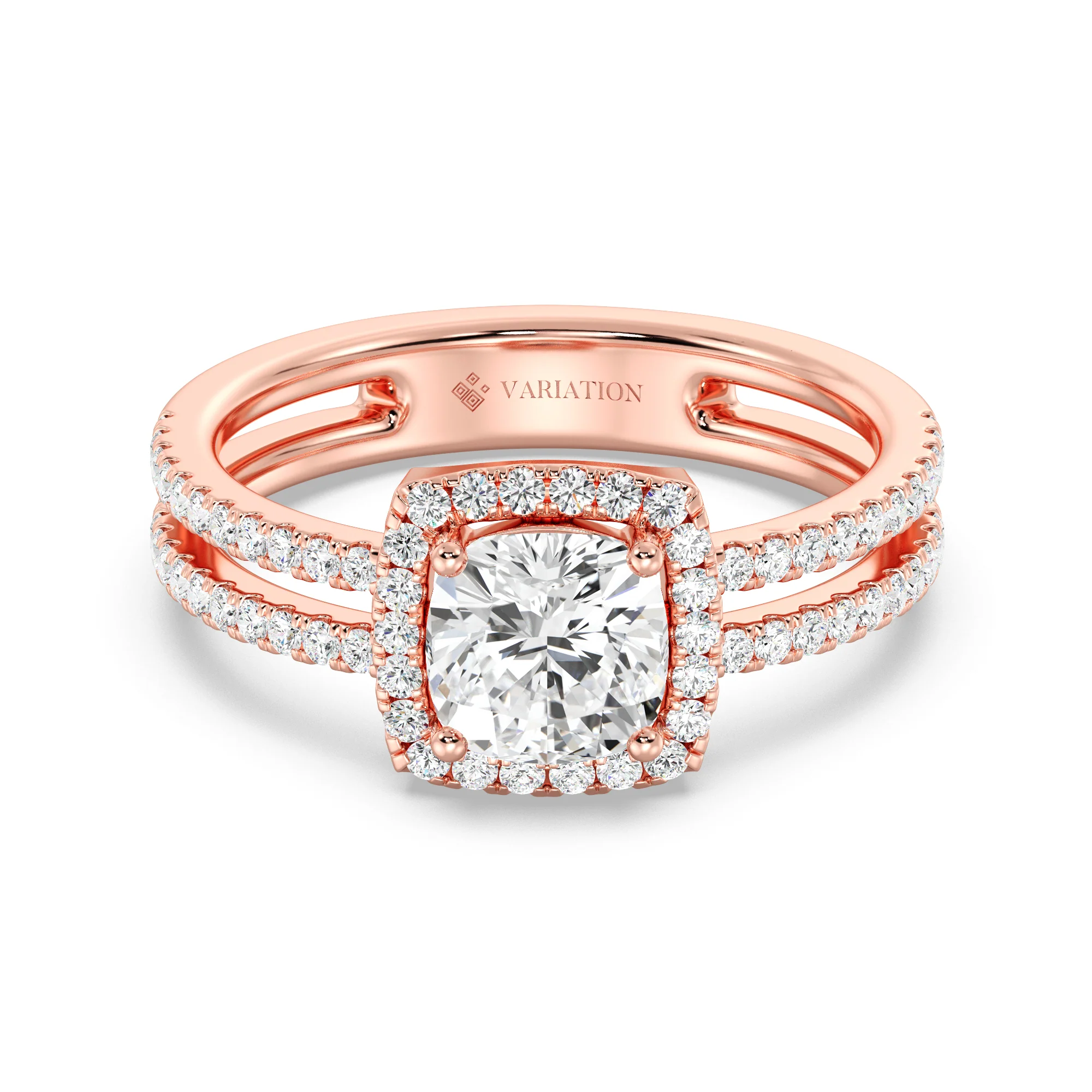 1 Carat Cushion Cut Lab Grown Diamond Halo Engagement Ring with Double Band in 18K Gold - Image 6