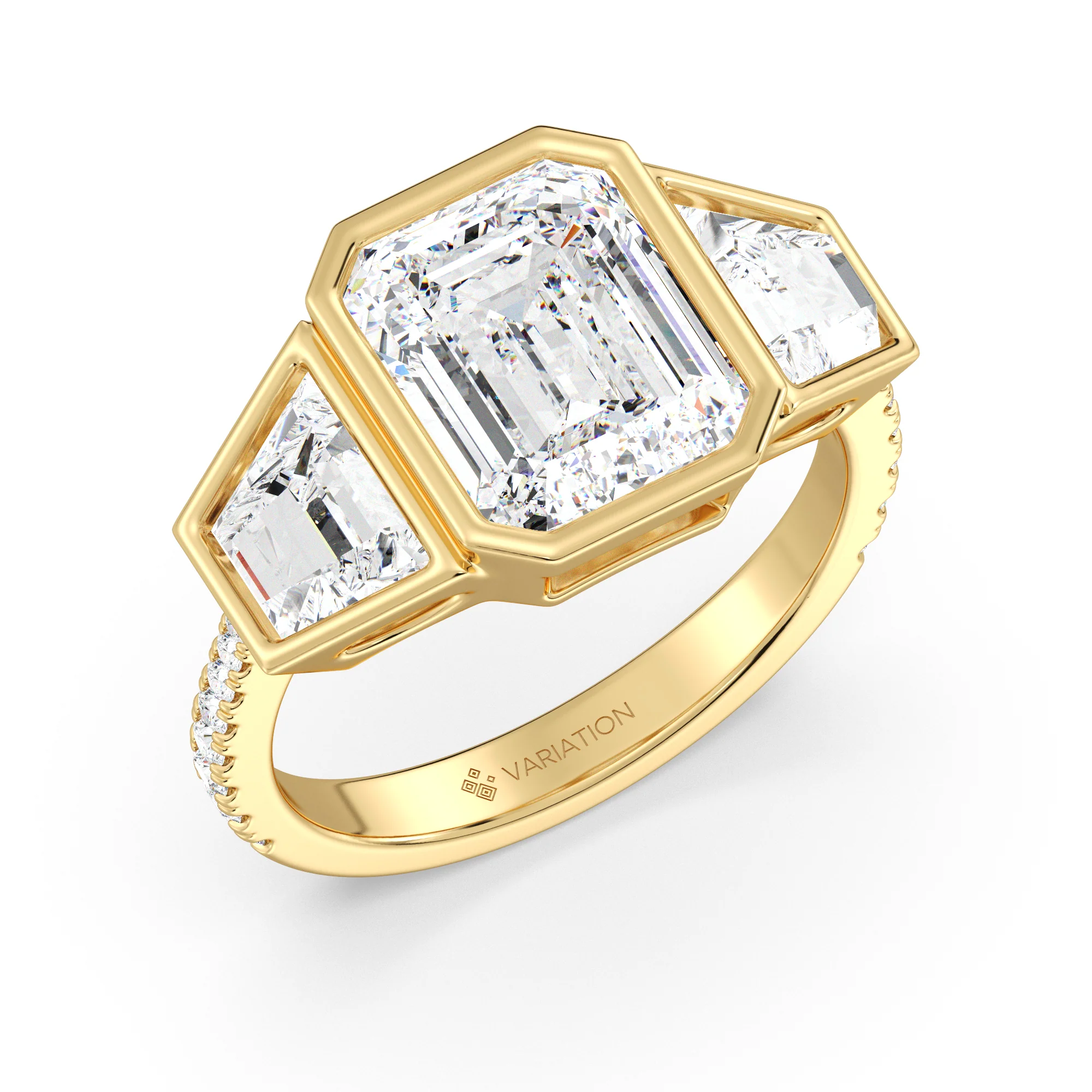 4 Carat Emerald Cut Lab Grown Diamond Engagement Ring with Trapezoid Side Stones in 18K Gold - Image 3