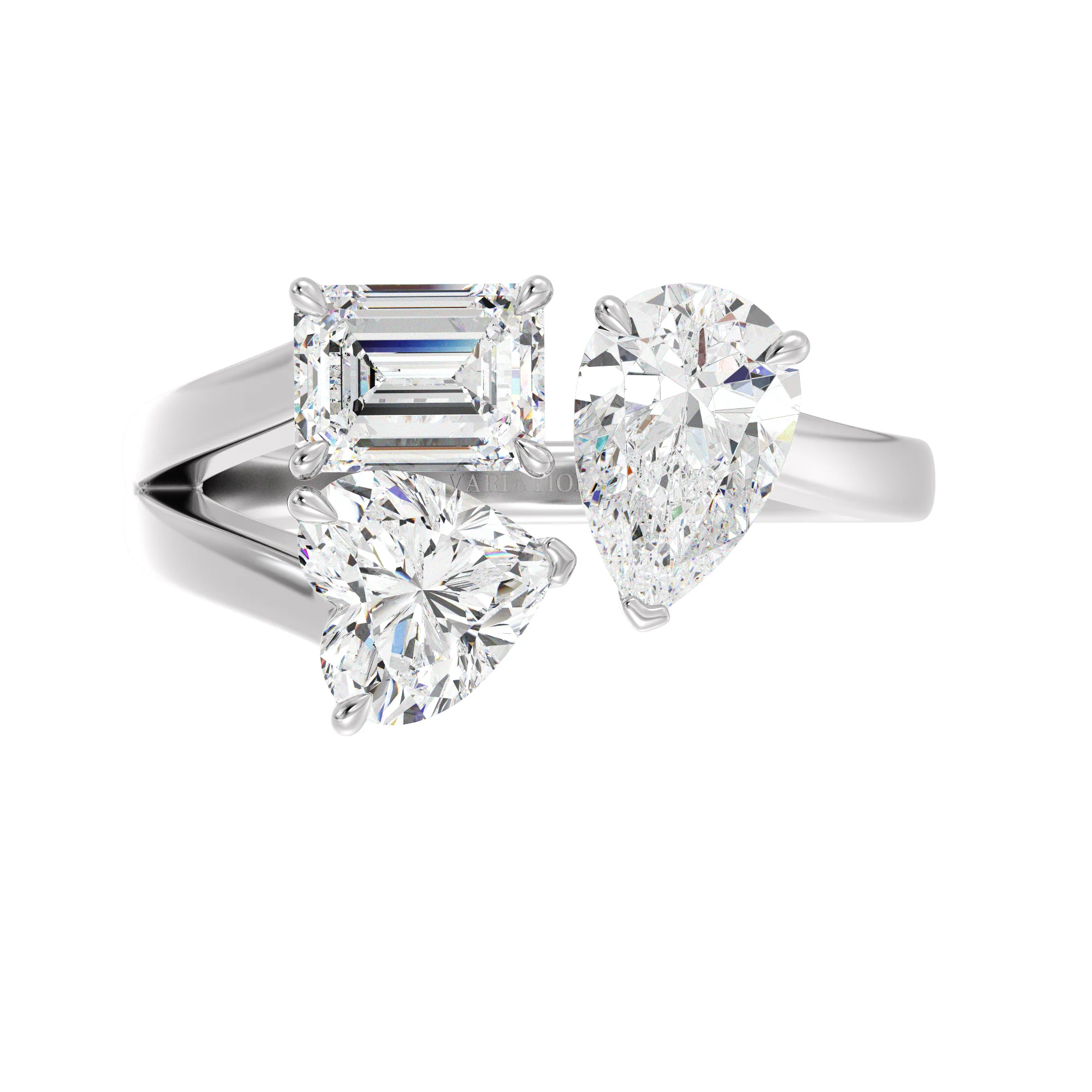 Heart, Pear and Emerald Cut Lab Grown Diamond Three-Stone Ring in 18K Gold - Image 11