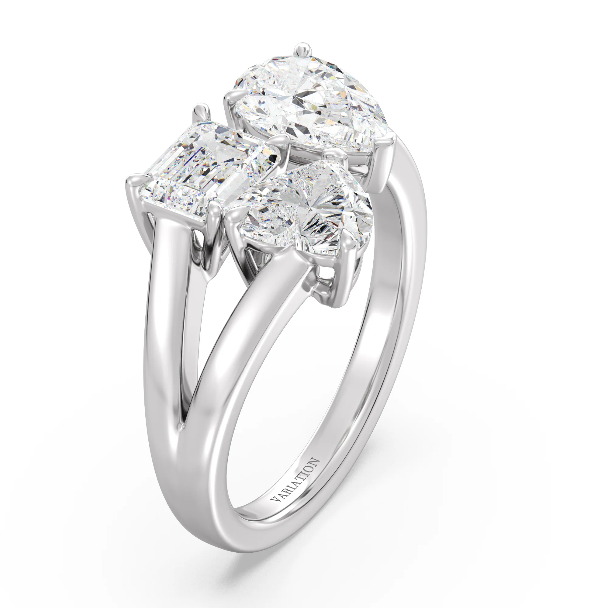 Heart, Pear and Emerald Cut Lab Grown Diamond Three-Stone Ring in 18K Gold - Image 12