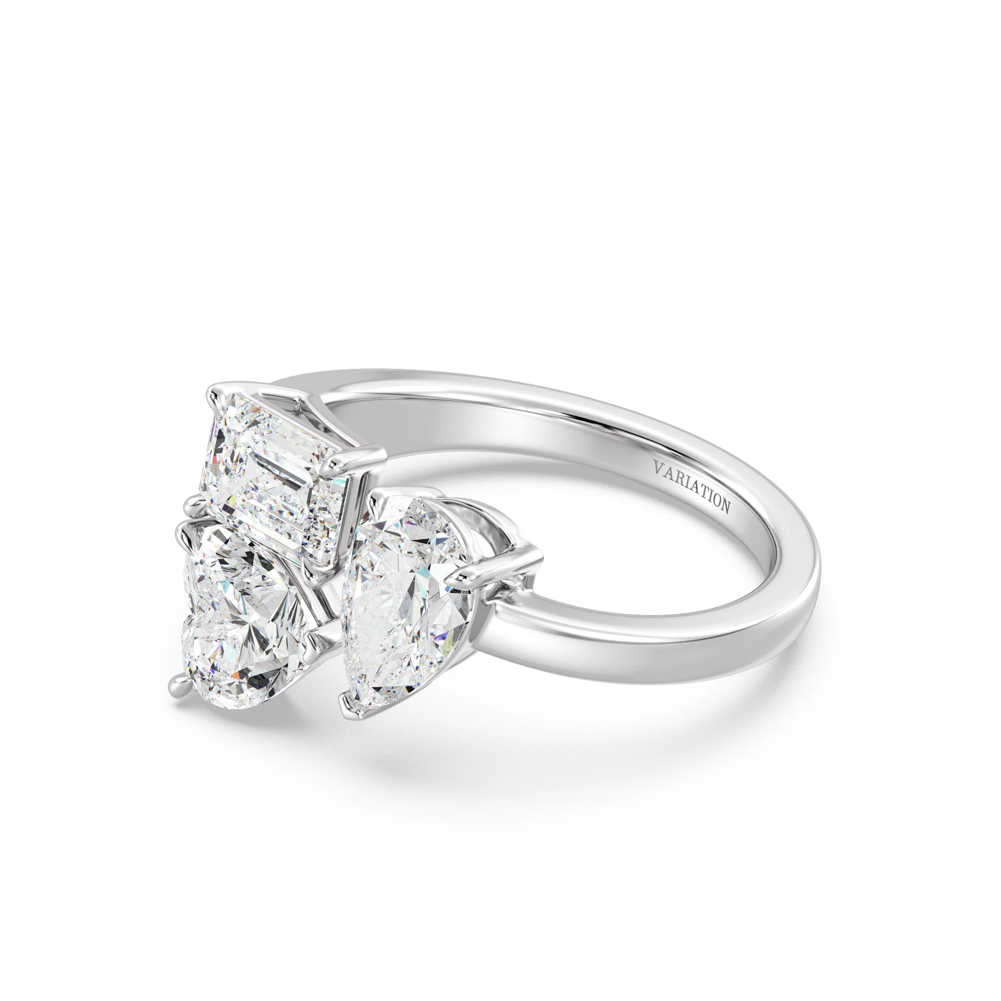 Heart, Pear and Emerald Cut Lab Grown Diamond Three-Stone Ring in 18K Gold - Image 13