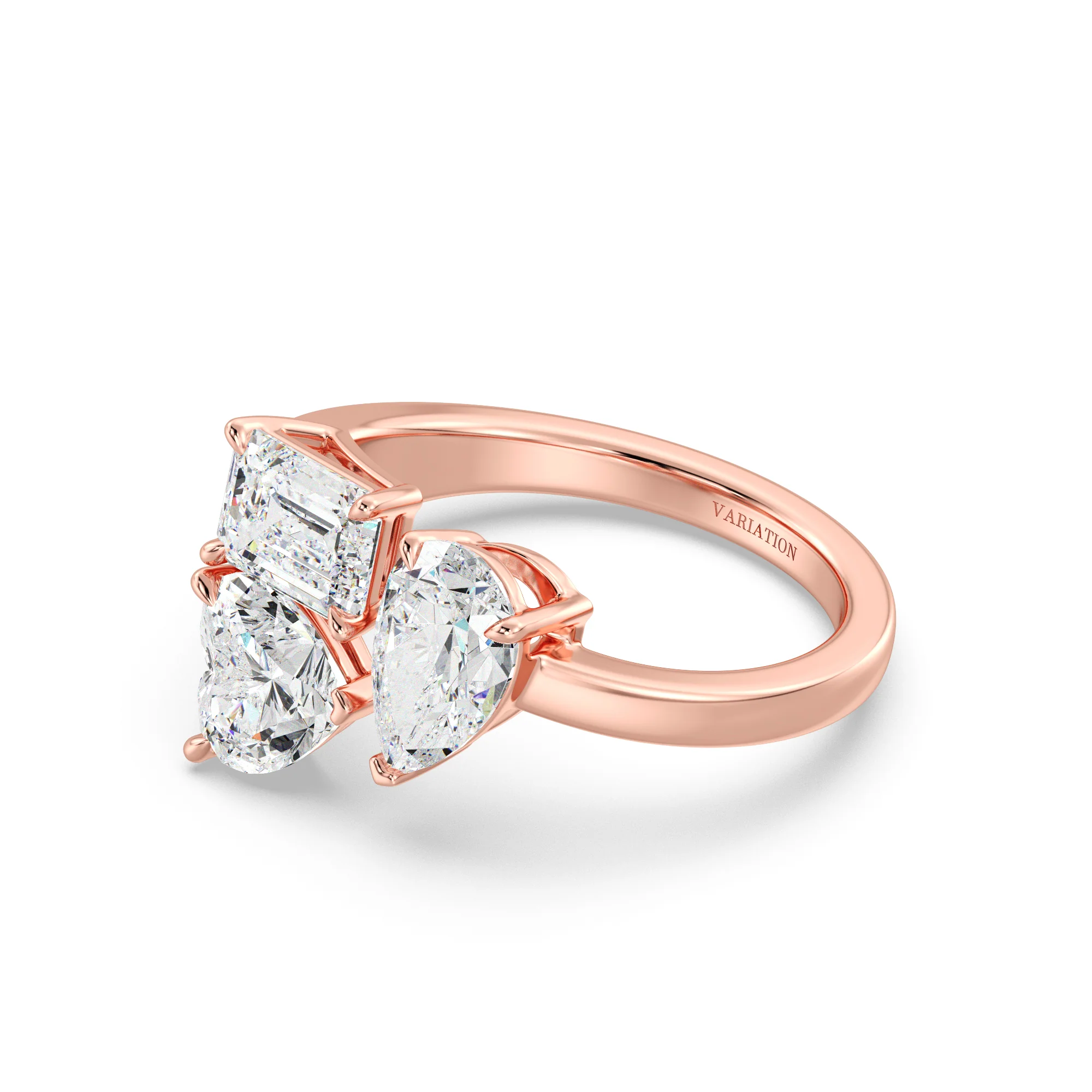 Heart, Pear and Emerald Cut Lab Grown Diamond Three-Stone Ring in 18K Gold - Image 8