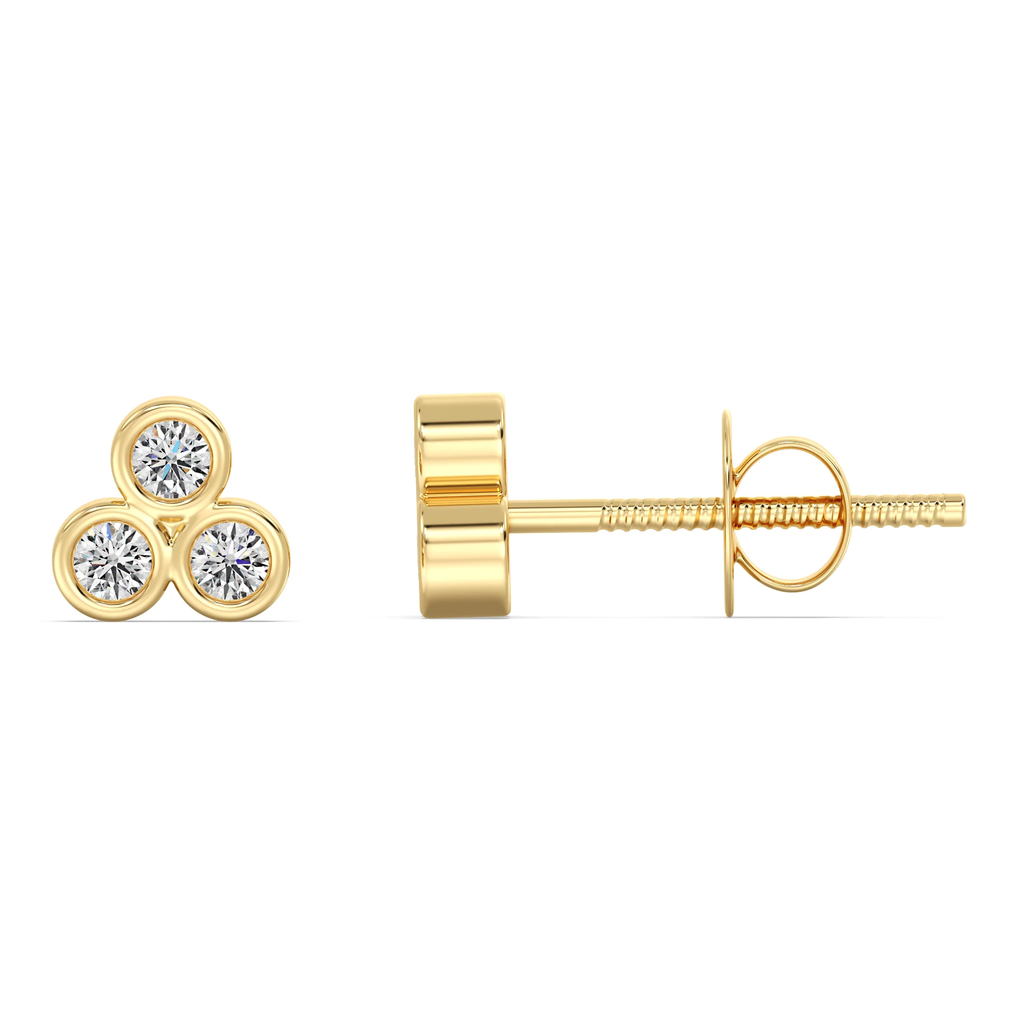 Round Cut Lab Grown Diamond Three Stone Bezel Stud Earrings in 18K Gold - Image 3