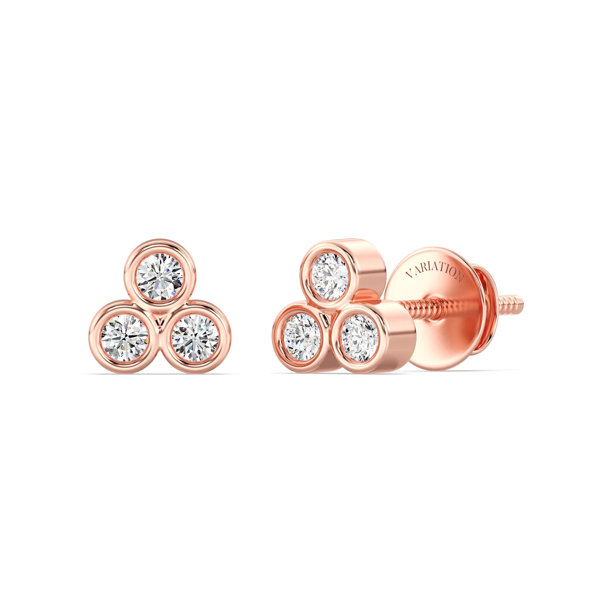 Round Cut Lab Grown Diamond Three Stone Bezel Stud Earrings in 18K Gold - Image 4
