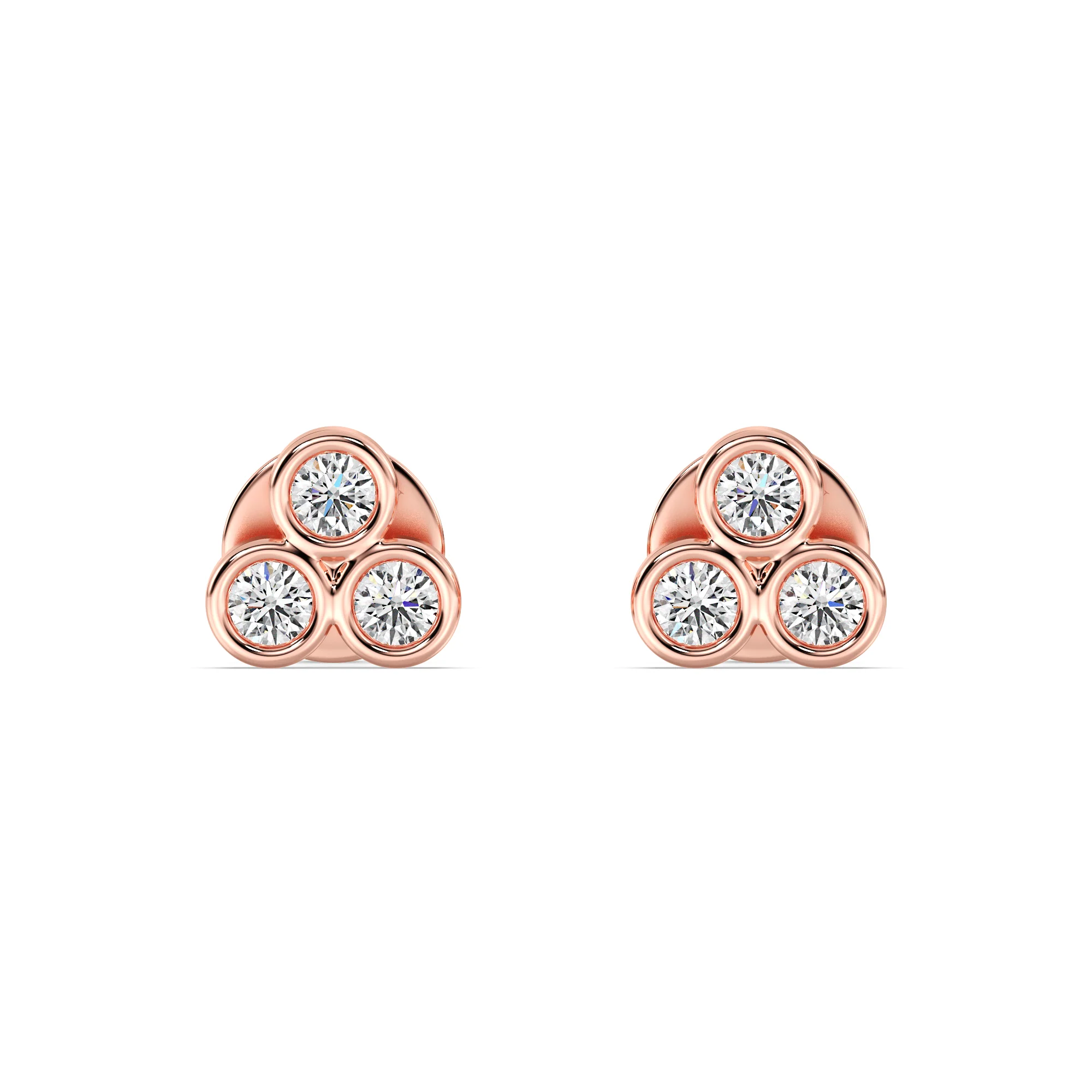 Round Cut Lab Grown Diamond Three Stone Bezel Stud Earrings in 18K Gold - Image 5