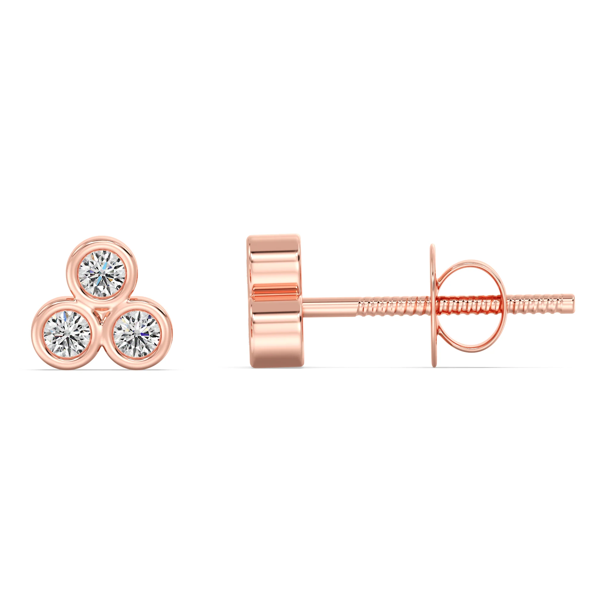 Round Cut Lab Grown Diamond Three Stone Bezel Stud Earrings in 18K Gold - Image 6