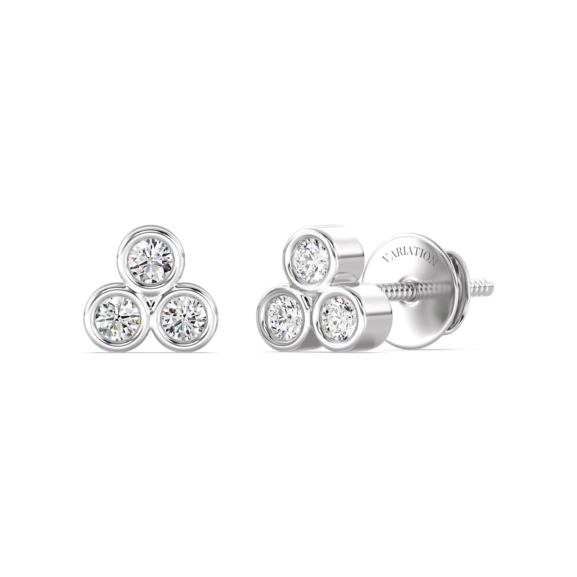 Round Cut Lab Grown Diamond Three Stone Bezel Stud Earrings in 18K Gold - Image 7