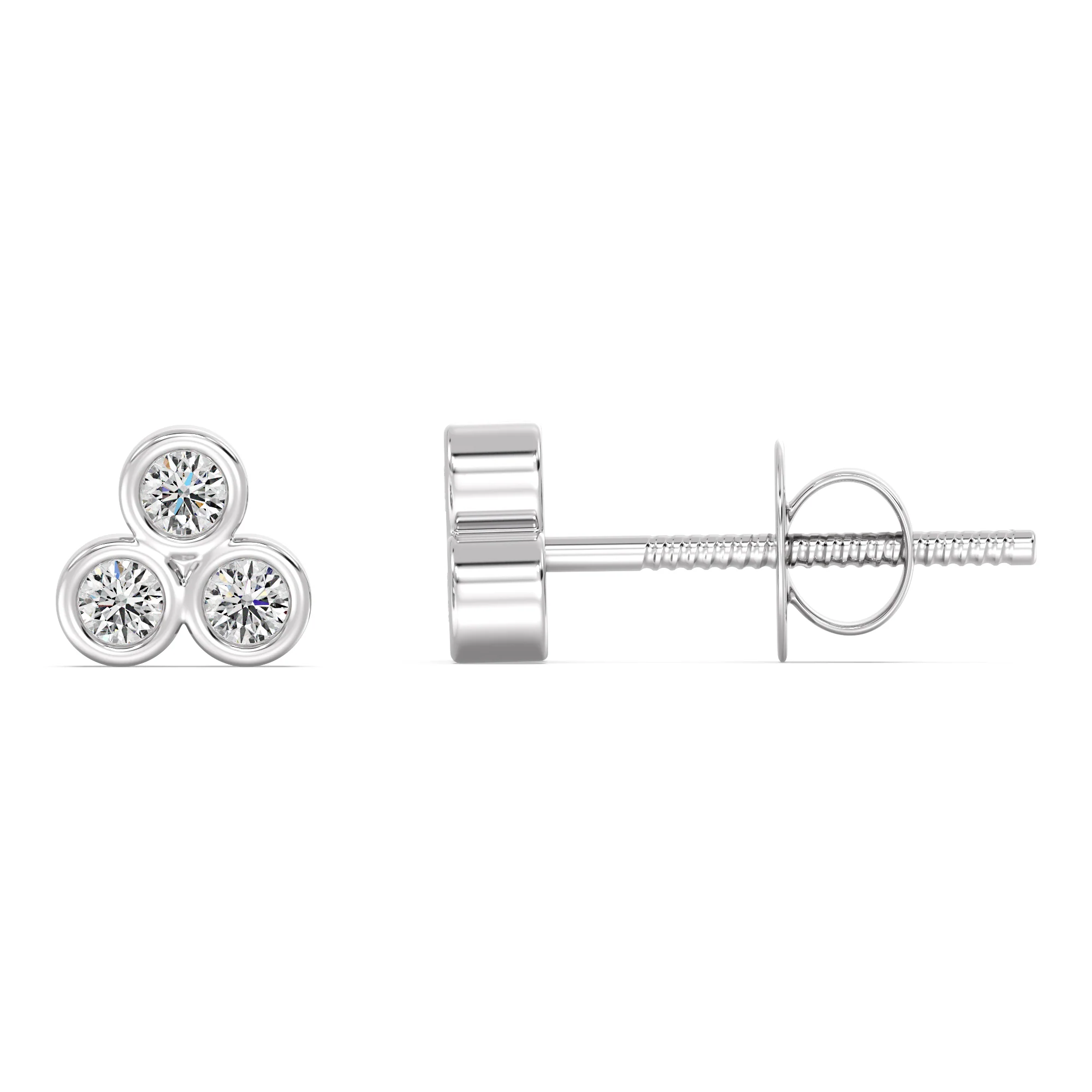 Round Cut Lab Grown Diamond Three Stone Bezel Stud Earrings in 18K Gold - Image 8