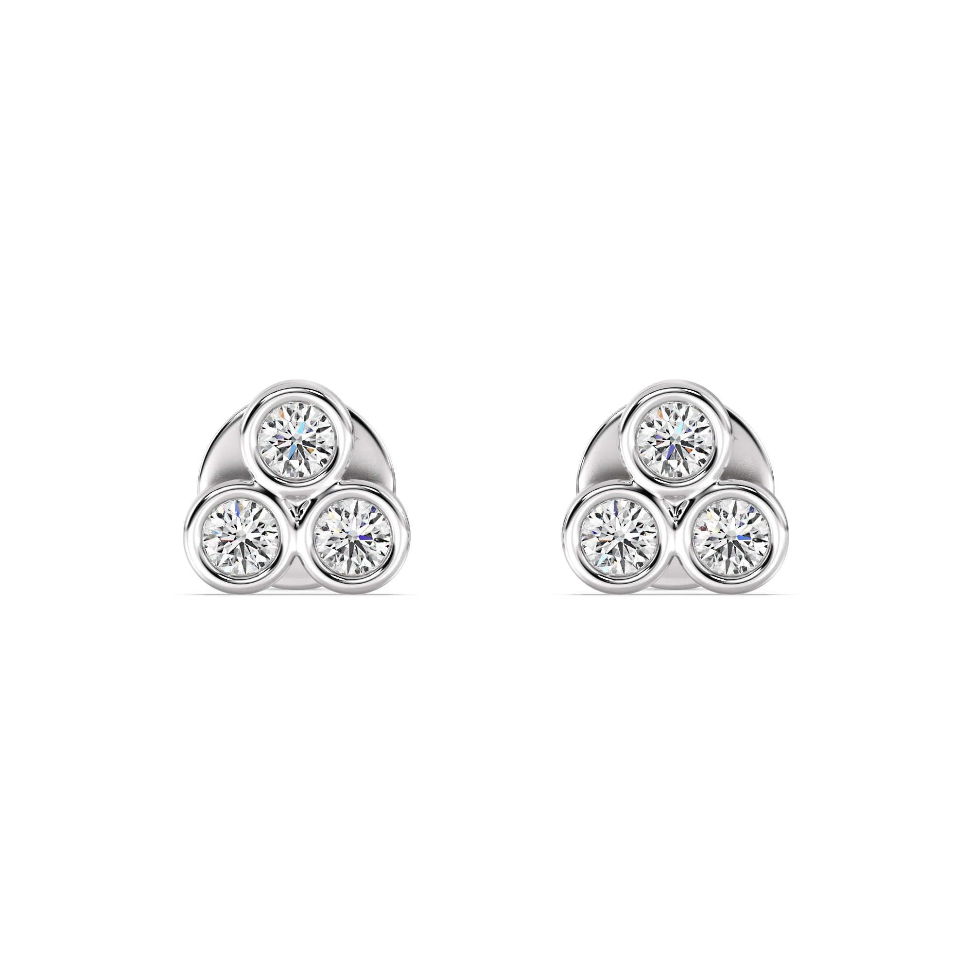 Round Cut Lab Grown Diamond Three Stone Bezel Stud Earrings in 18K Gold - Image 9
